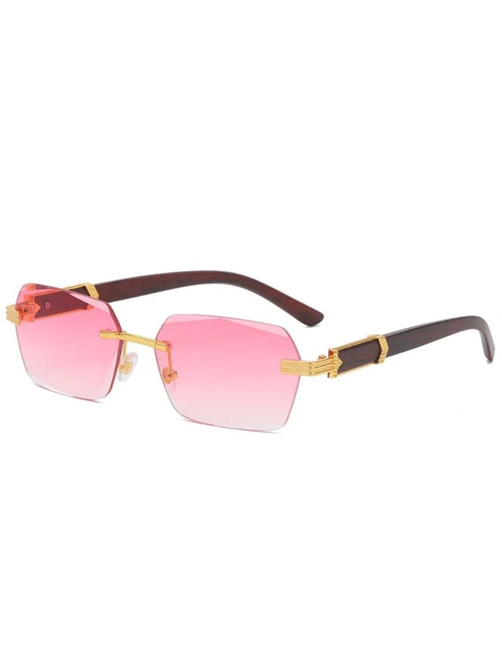 Retro Unisex Rimless Pink Gradient Sunglasses With Gold-Tone & Wooden Arms
